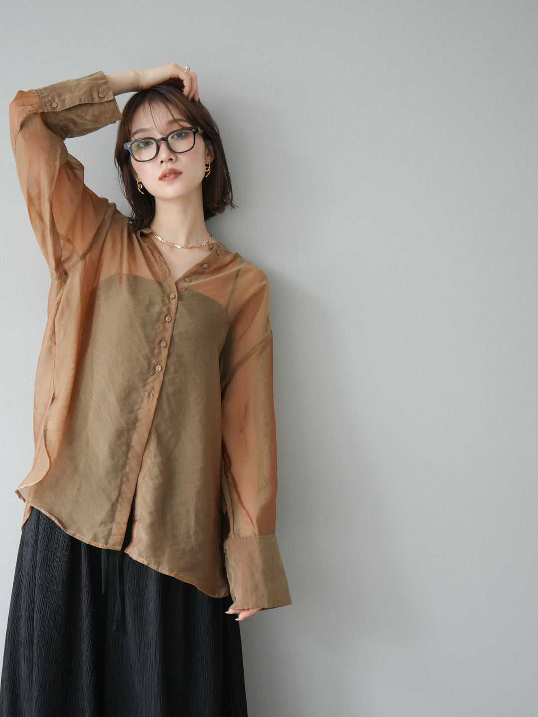 [SET] 亮面透視立領襯衫 + 柳葉寬褲 (2set)