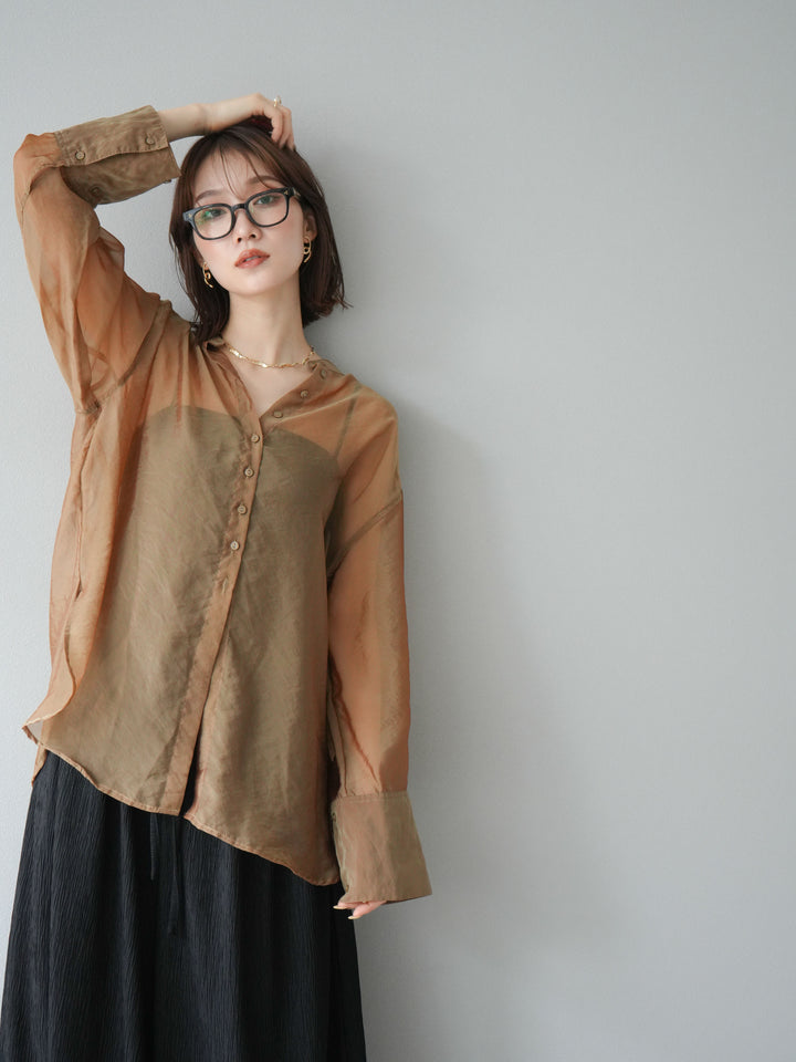 [SET] 亮面透視立領襯衫 + 柳葉寬褲 (2set)