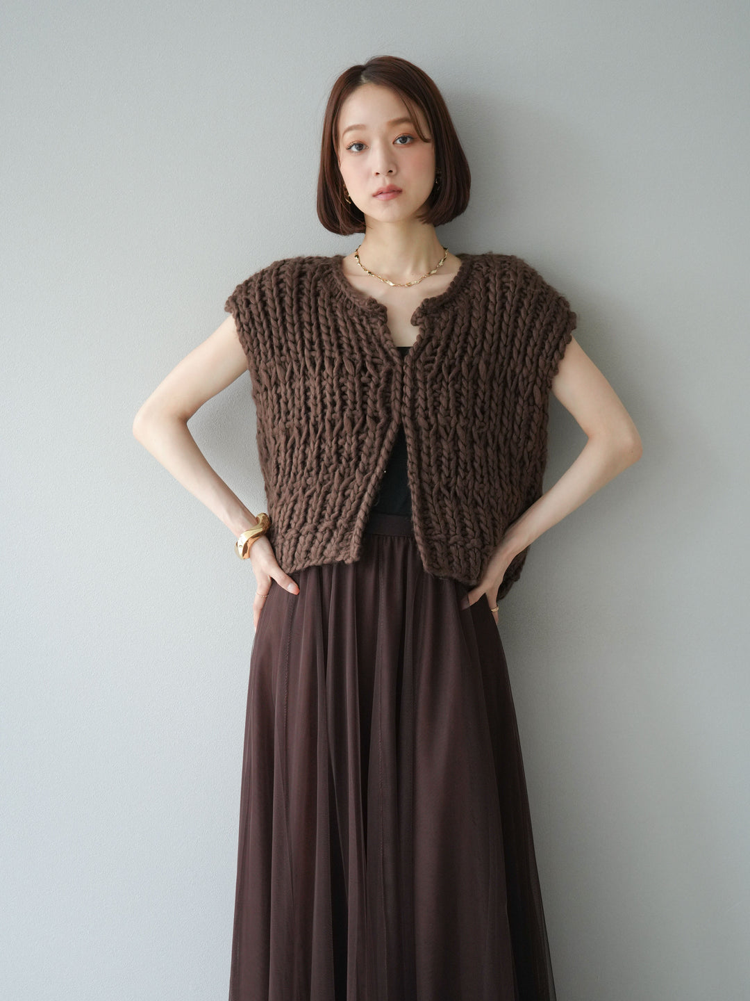 [予約]ハンドニットローピングベスト/ブラウン