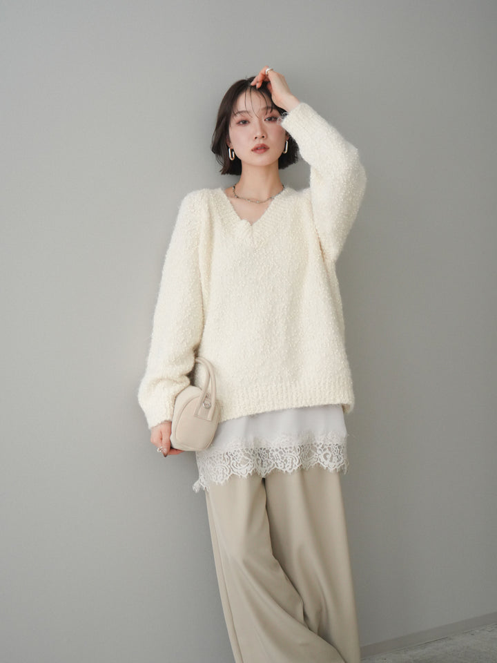 [SET]Vネックスラブニットプルオーバー+選べるアクセセット(2set)