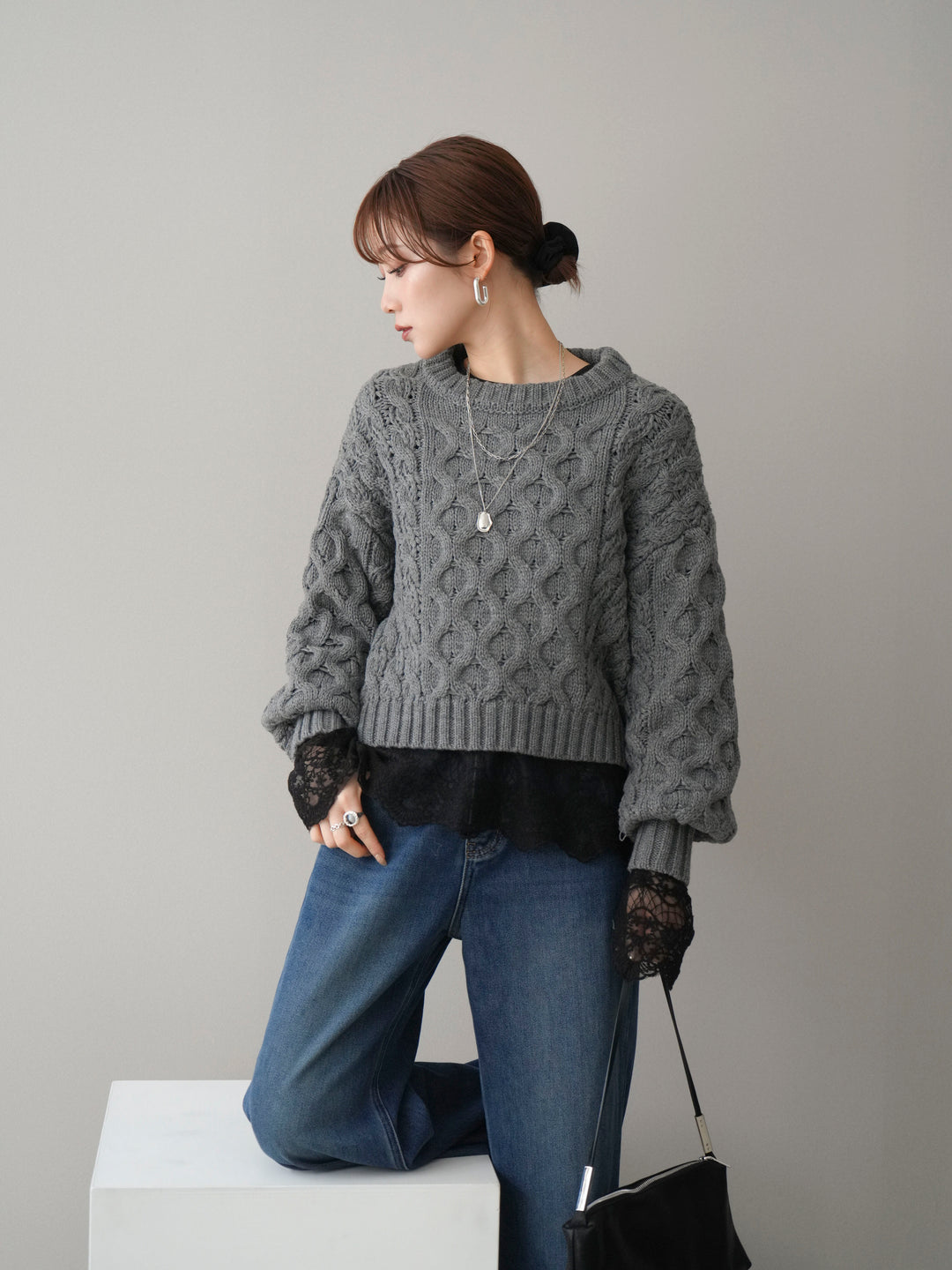 [SET]バルキーケーブルクロップドニットプルオーバー+チュールレーストップス(2set)
