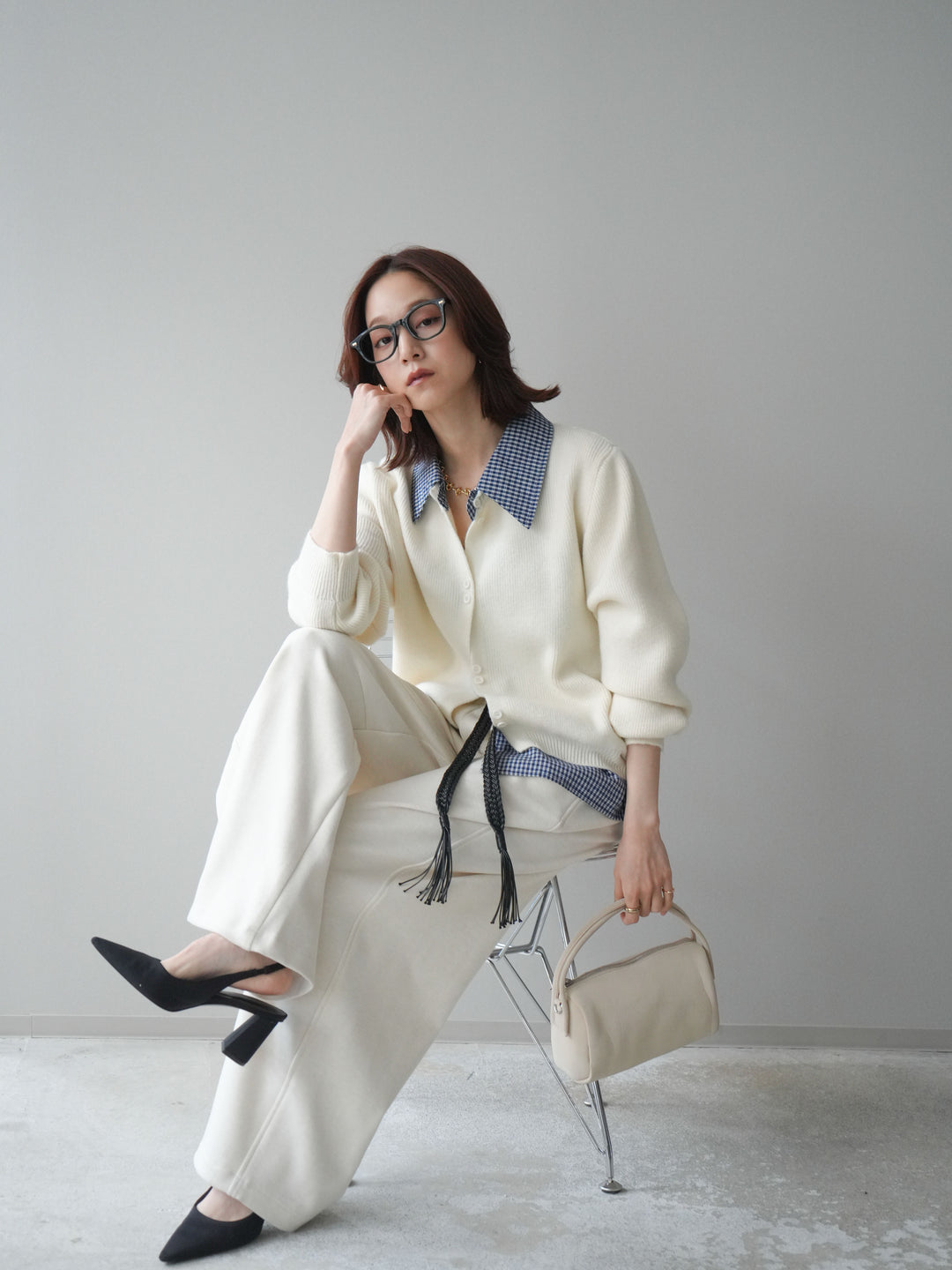 [SET]チェックシャツ襟ニットカーディガン+編み込みベルト付きウエスト配色スエットパンツ(2set)