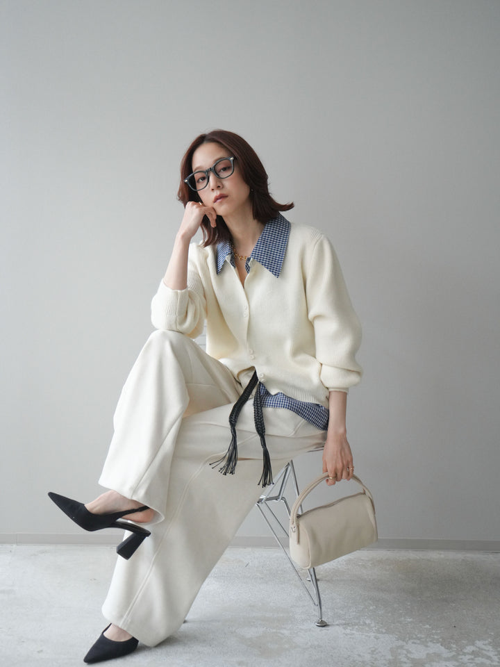 [SET]チェックシャツ襟ニットカーディガン+編み込みベルト付きウエスト配色スエットパンツ(2set)