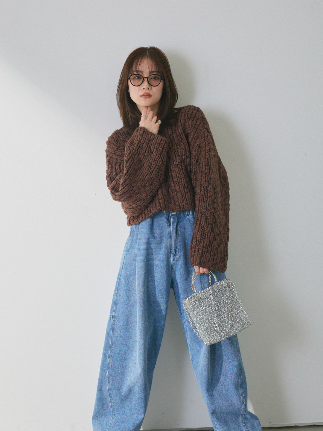 【Allure】[SET]クロップドチャンキースラブニットプルオーバー+ハイウエストベルトループデザインデニムパンツ(2set)