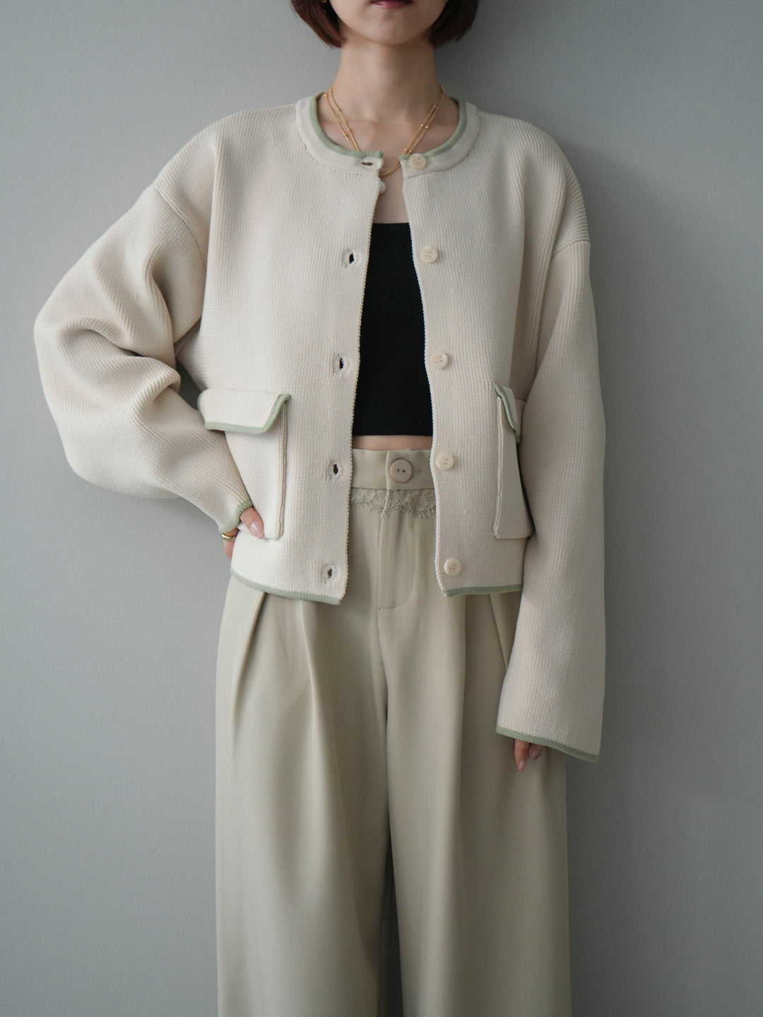 [SET]ポリエステル配色ニットカーディガン+ウエストレースタックワイドパンツ(2set)