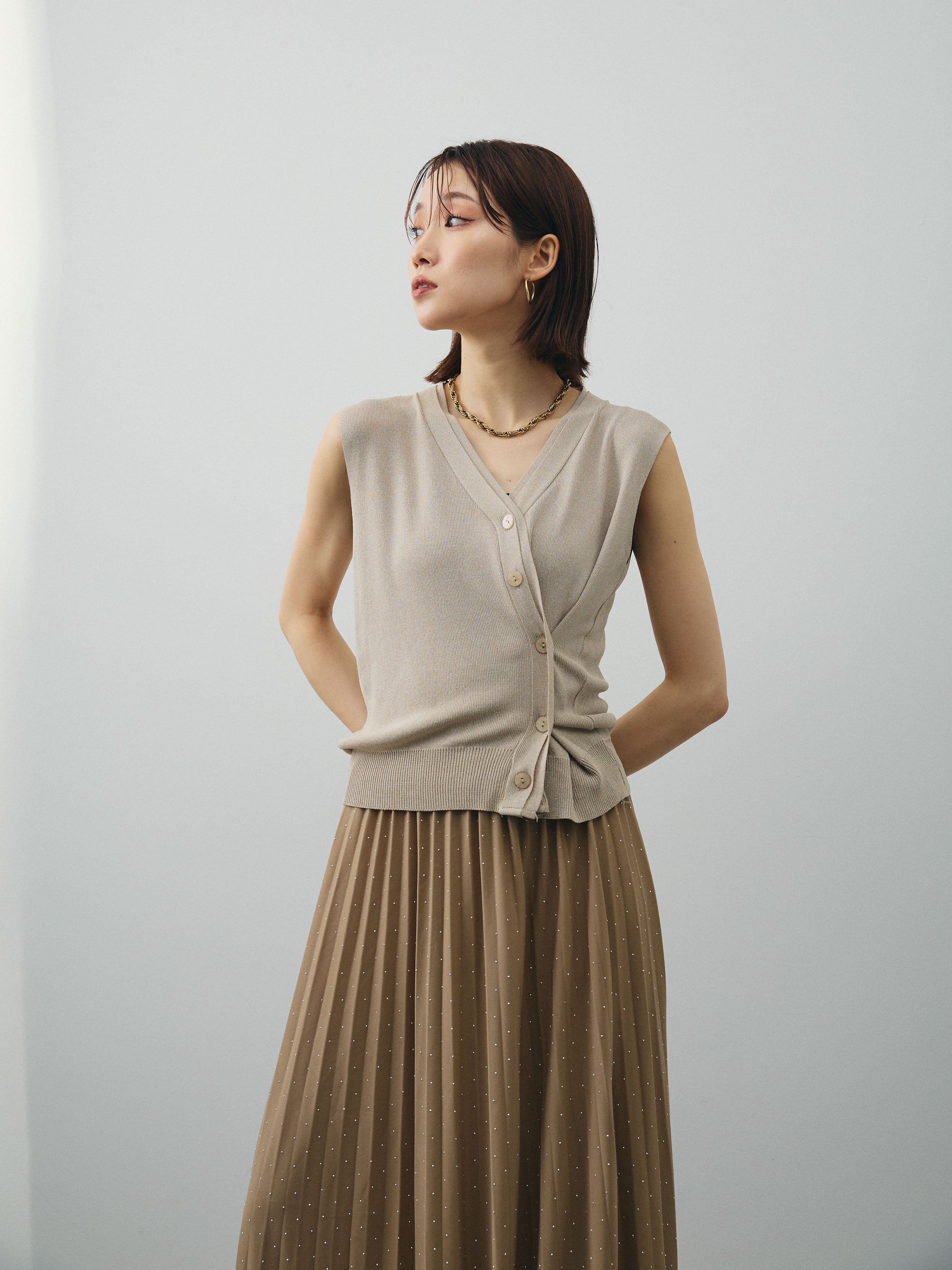 ノーソーイングニット２点スカート2点セット SET]クールタッチ2WAYデザインニットベスト+ラインストーンプリーツ