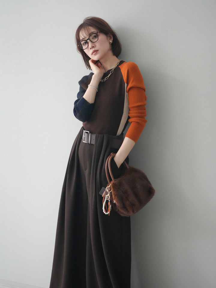 [SET]バイカラーラグランニットトップス+ベルトデザインループウールワイドパンツ(ベルト付)(2set)