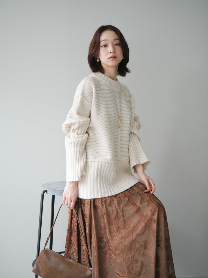 [SET]編み地切替ボトルネックニットプルオーバー+アンティーク柄フロッキーマキシスカート(2set)