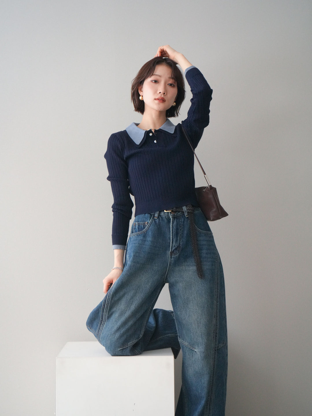 [予約]ダブル襟ポロリブニットトップス/navy