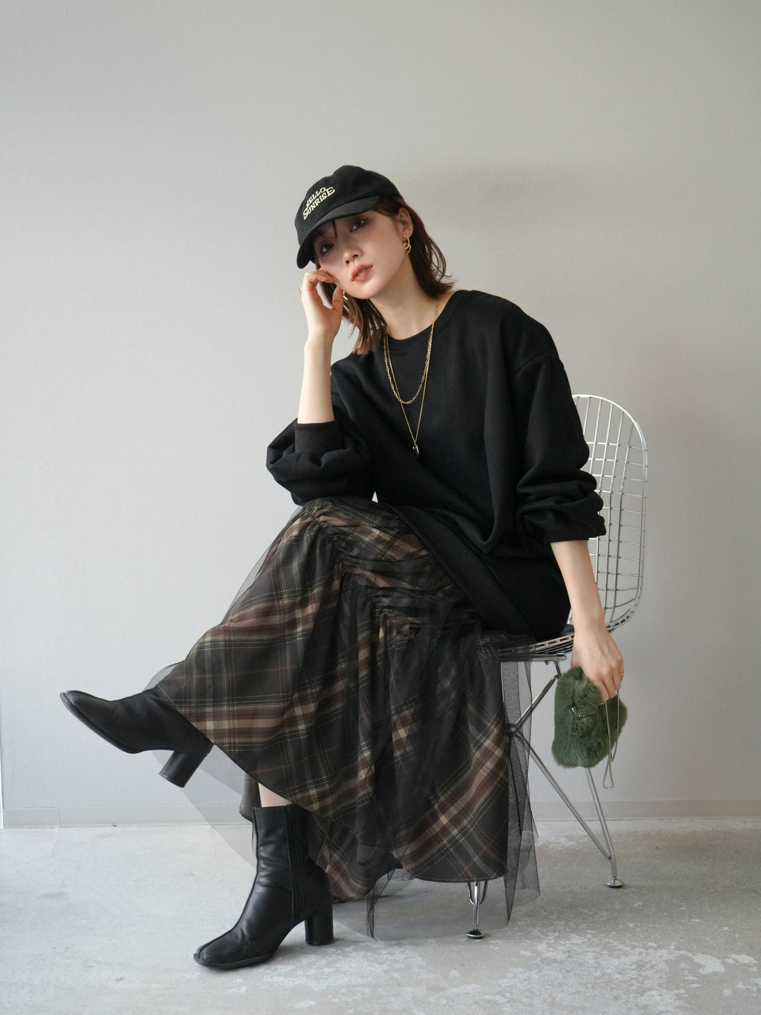 [予約]スウェットドッキングチェック柄レイヤードワンピース/ブラック