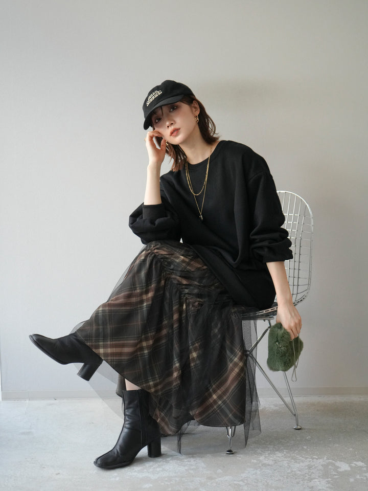 [予約]スウェットドッキングチェック柄レイヤードワンピース/ブラック