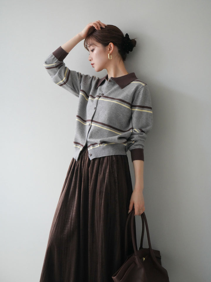 [予約]配色マルチボーダーポロニットカーディガン/gray