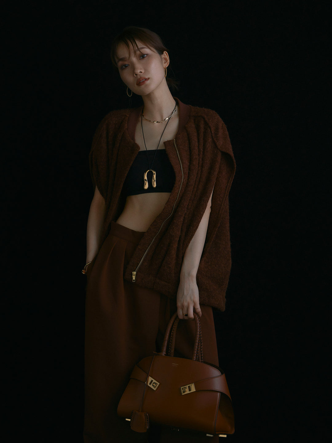 【Allure】[SET]ウール混コクーンブルゾン+ラップデザインタックワイドパンツ(2set)