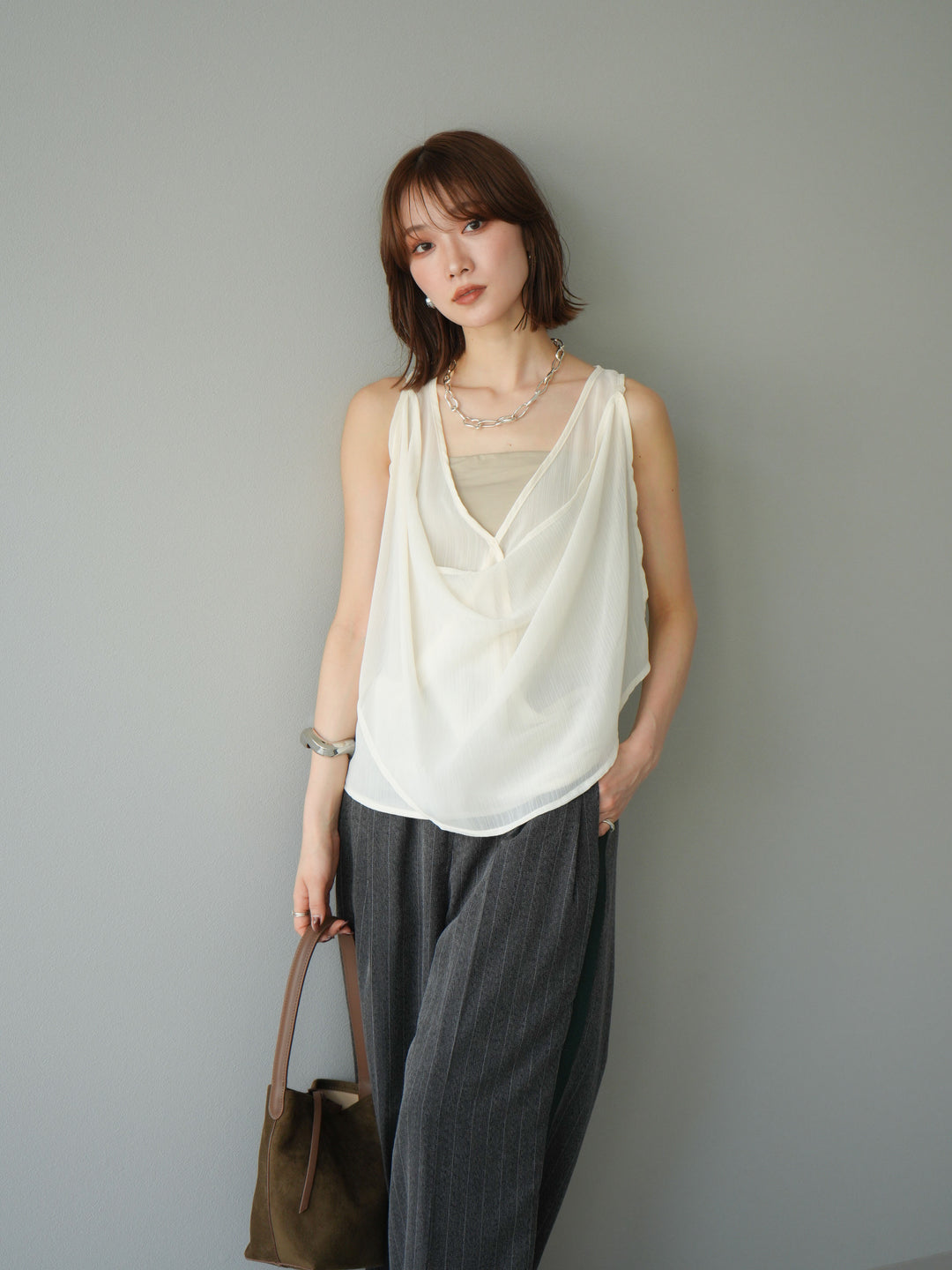 [予約]シアードレープレイヤードノースリーブトップス/ホワイト