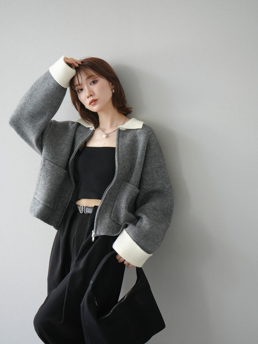 [予約]ポロ襟ジップニットカーディガン/チャコール