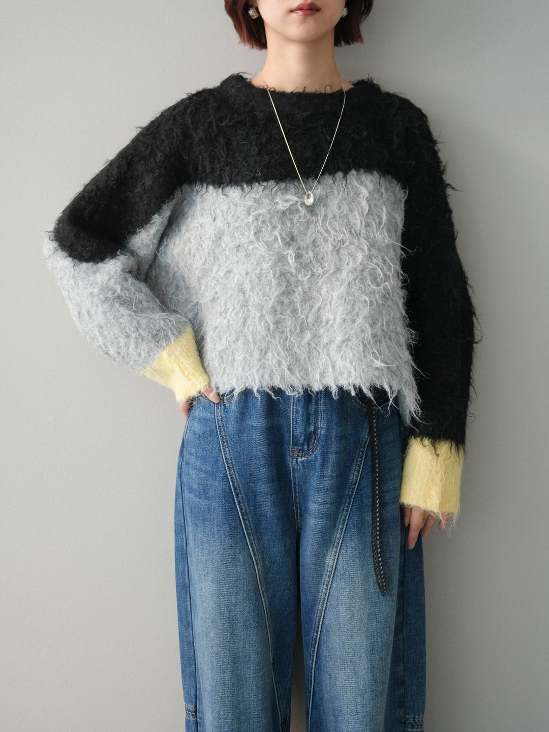 [SET]バイカラーモヘアタッチニットプルオーバー+裏起毛加工デニムカーブパンツ(2set)