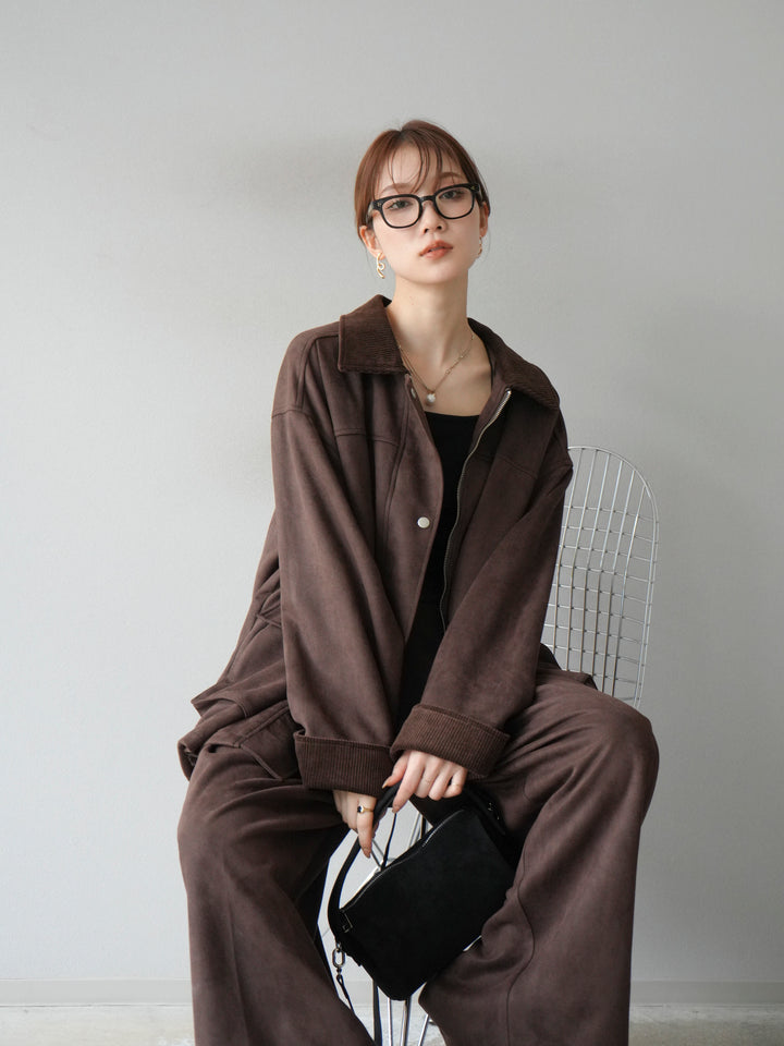 [予約]コーデュロイ襟スウェードミドルジャケット /ブラウン