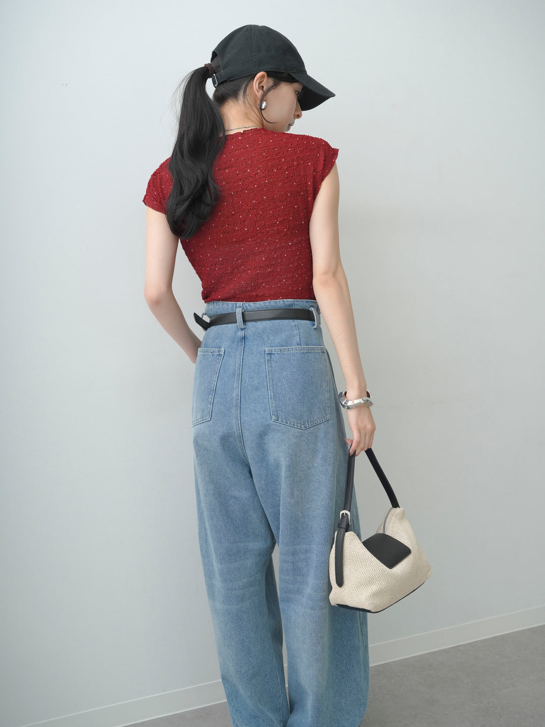 [SET]テクスチャープリントワッシャーフレンチトップス+ハイウエストベルトループデザインデニムパンツ(2set)