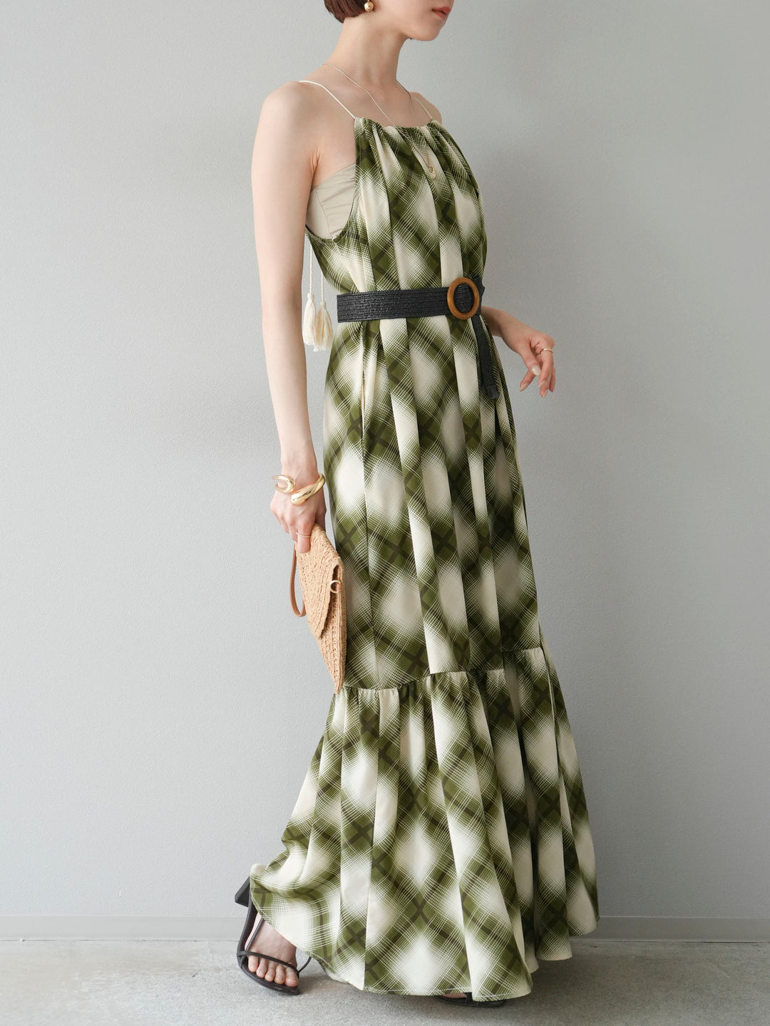 [予約]ベルト付チェックノースリーブワンピース/グリーン