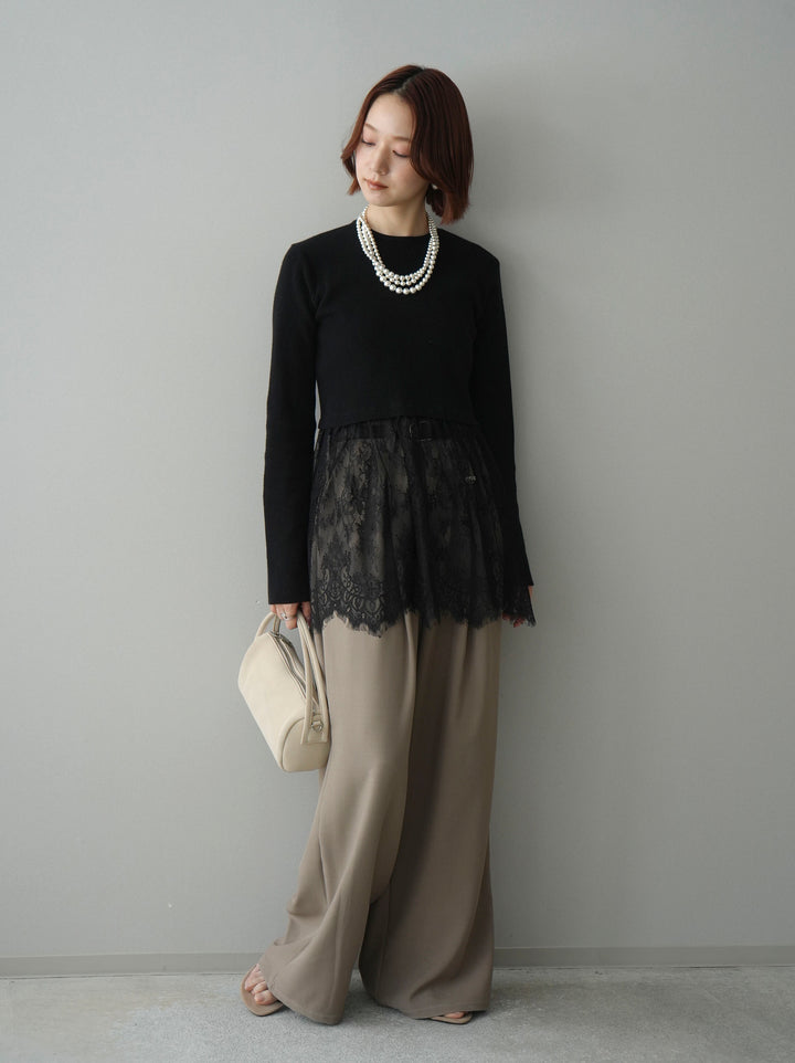 [SET]クルーネックレースドッキングリブニットトップス+ベルト付キーホルダーモチーフワイドパンツ(2set)