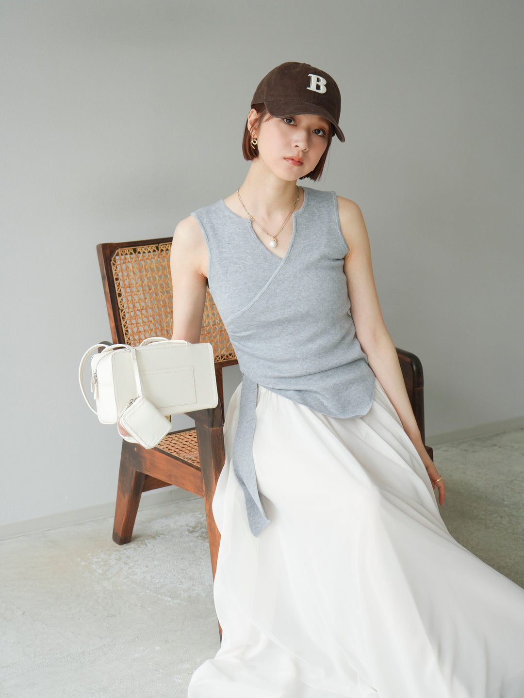 [SET]カシュクールノースリーブニットトップス+シフォンフレアスカート(2set)