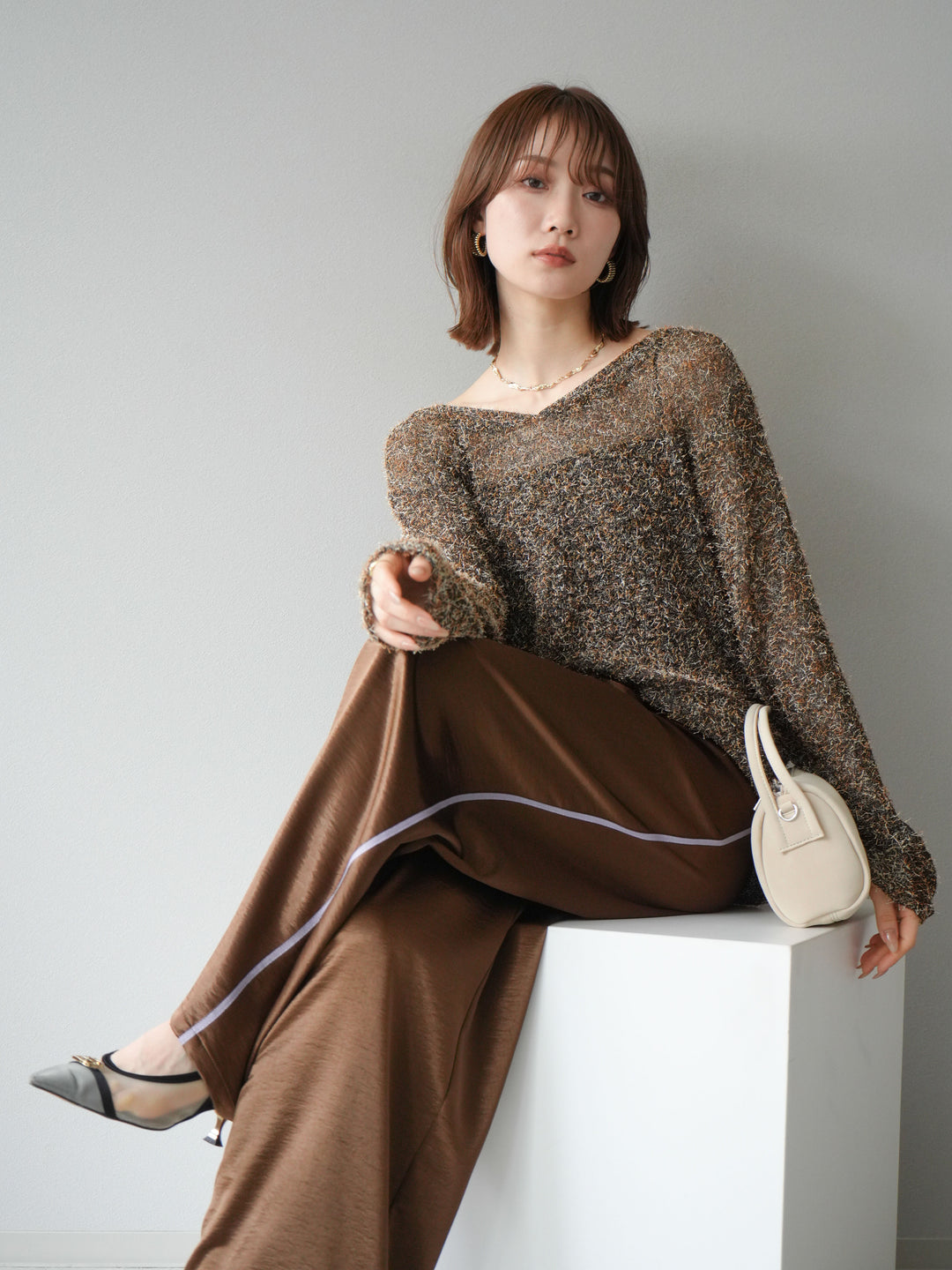 [予約]ミックステープヤーンVネックプルオーバー/オレンジ