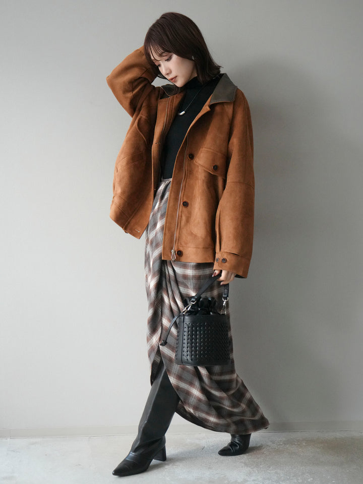 [予約]デザインポケットレザー襟スウェードジャケット/キャメル