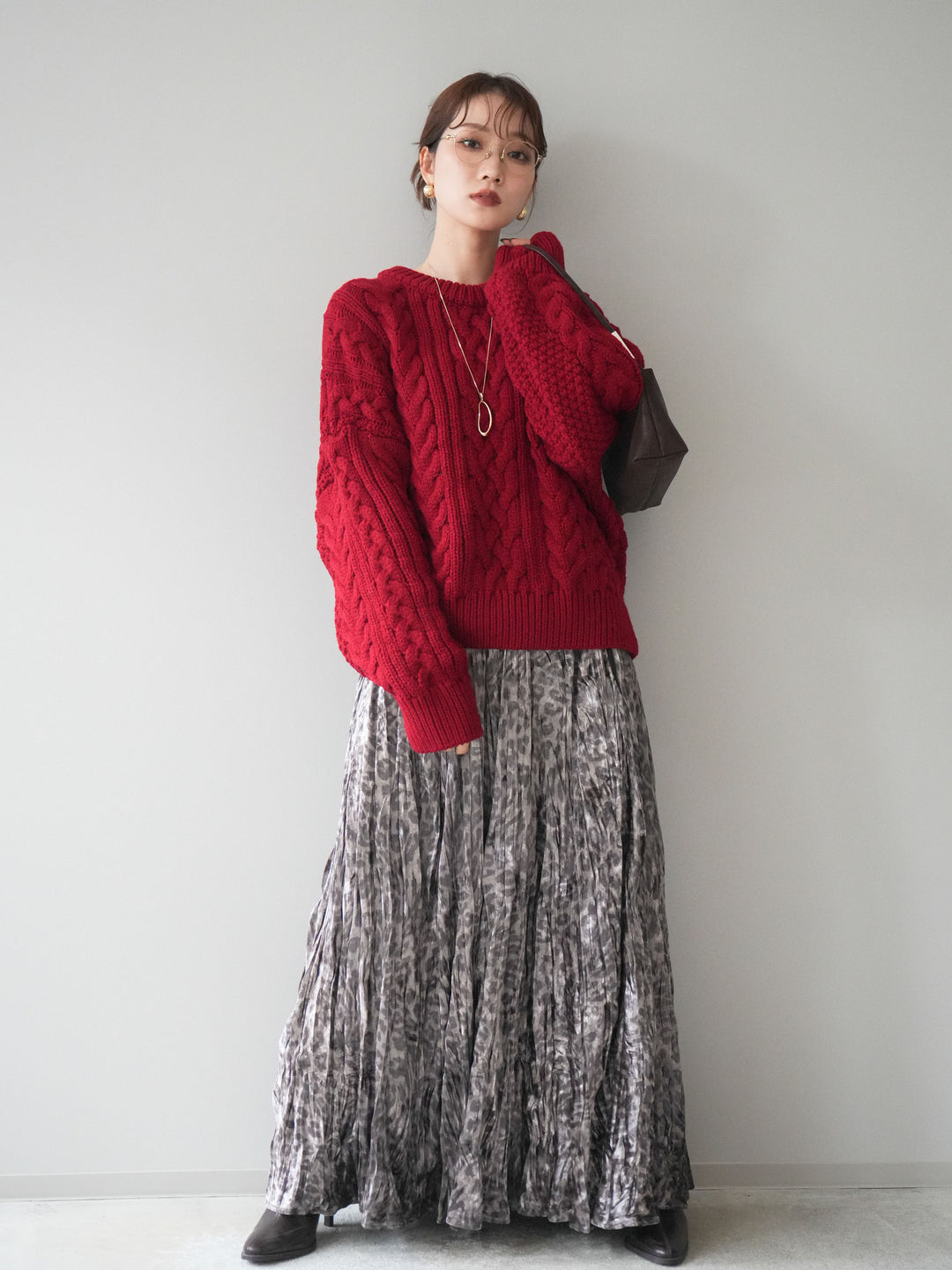 [予約]レオパードベロアワッシャーロングスカート/gray