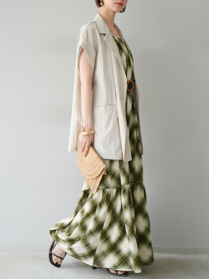 [SET]ベルト付チェックノースリーブワンピース+リネンライクノースリーブダブルジレ(2set)