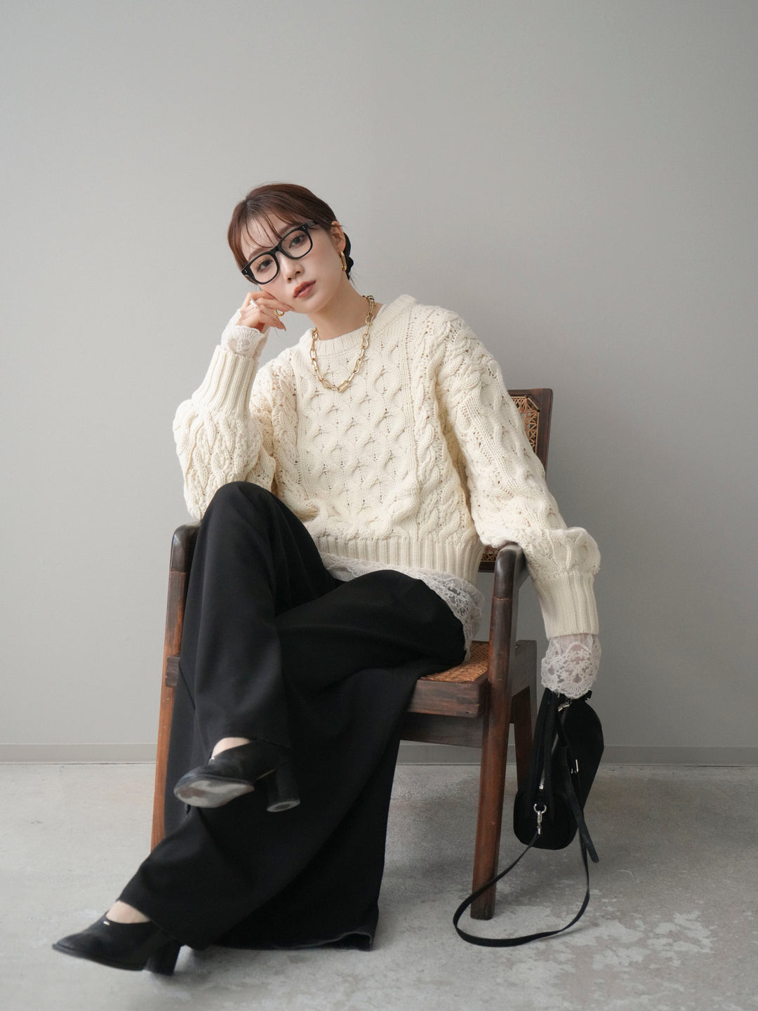 [予約]バルキーケーブルクロップドニットプルオーバー/ivory