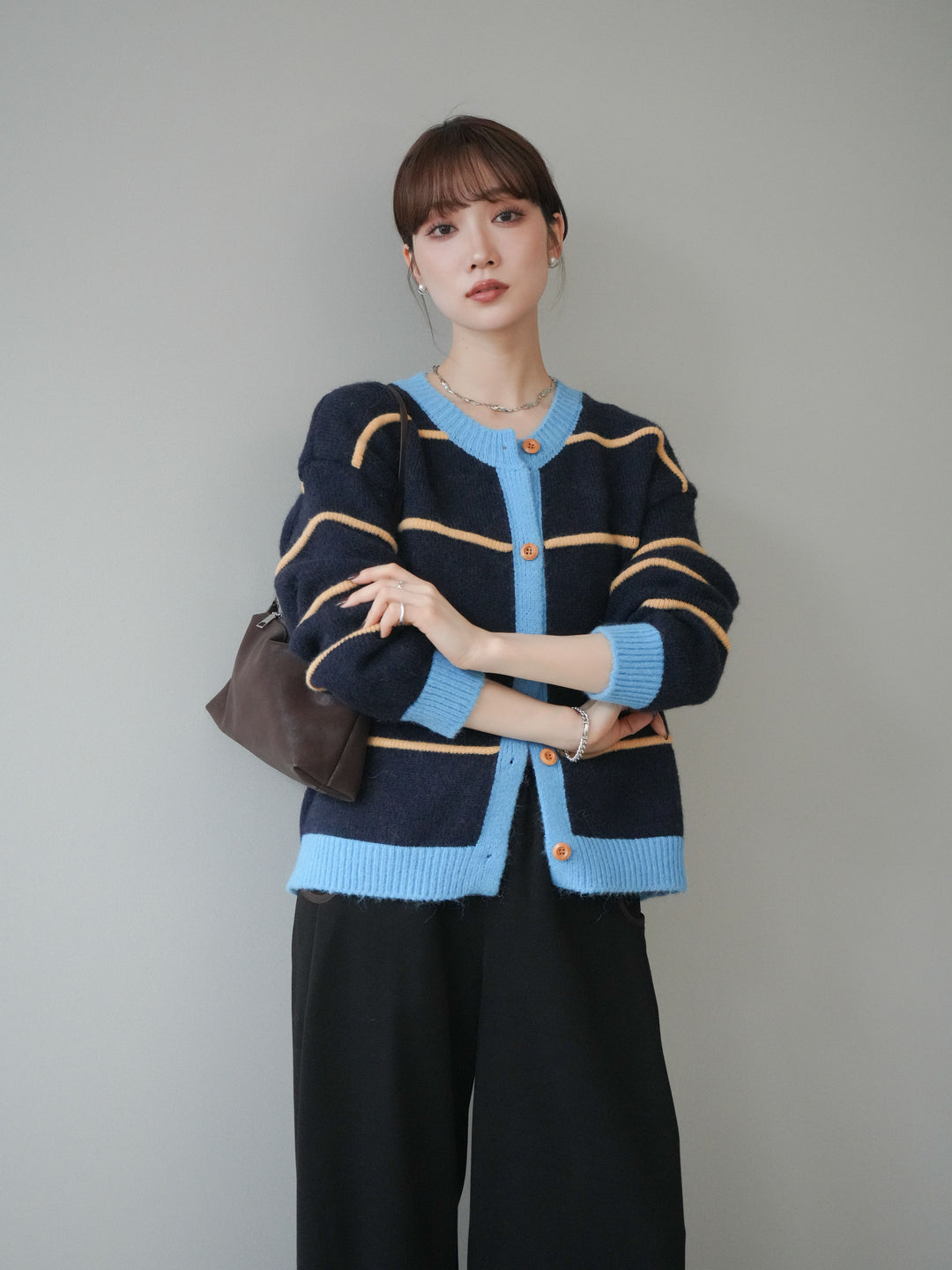 [予約]配色ボーダーニットカーディガン/navy