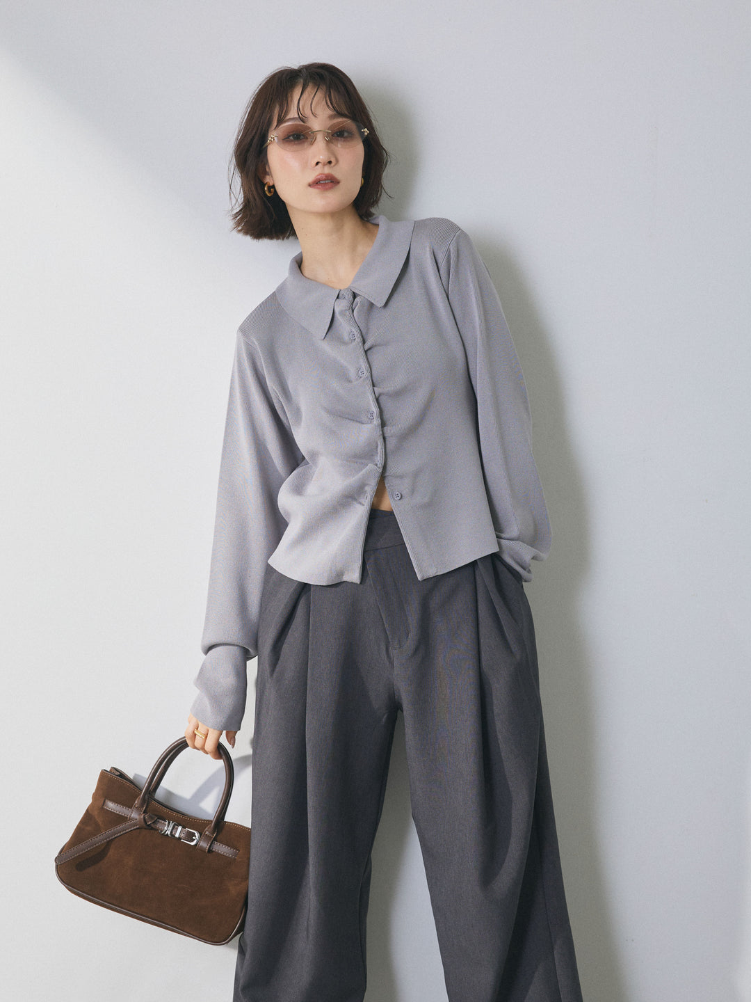 【Allure】[SET]襟付きギャザーニットカーディガン+アシンメトリーウエストタックパンツ(2set)