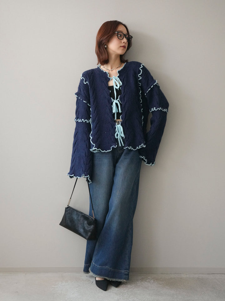 [SET]フロントリボン配色メローニットカーディガン+裏起毛裾フリンジワイドデニムパンツ(2set)