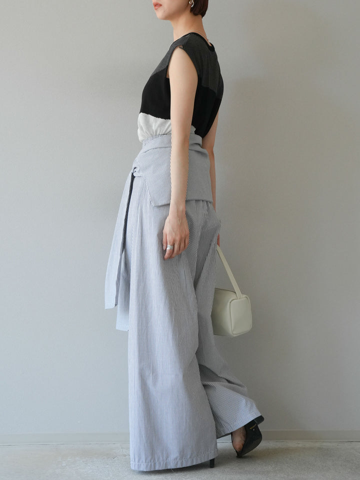 [SET] 雙色透視針織無袖上衣 + 條紋束腰休閒褲 (2set)