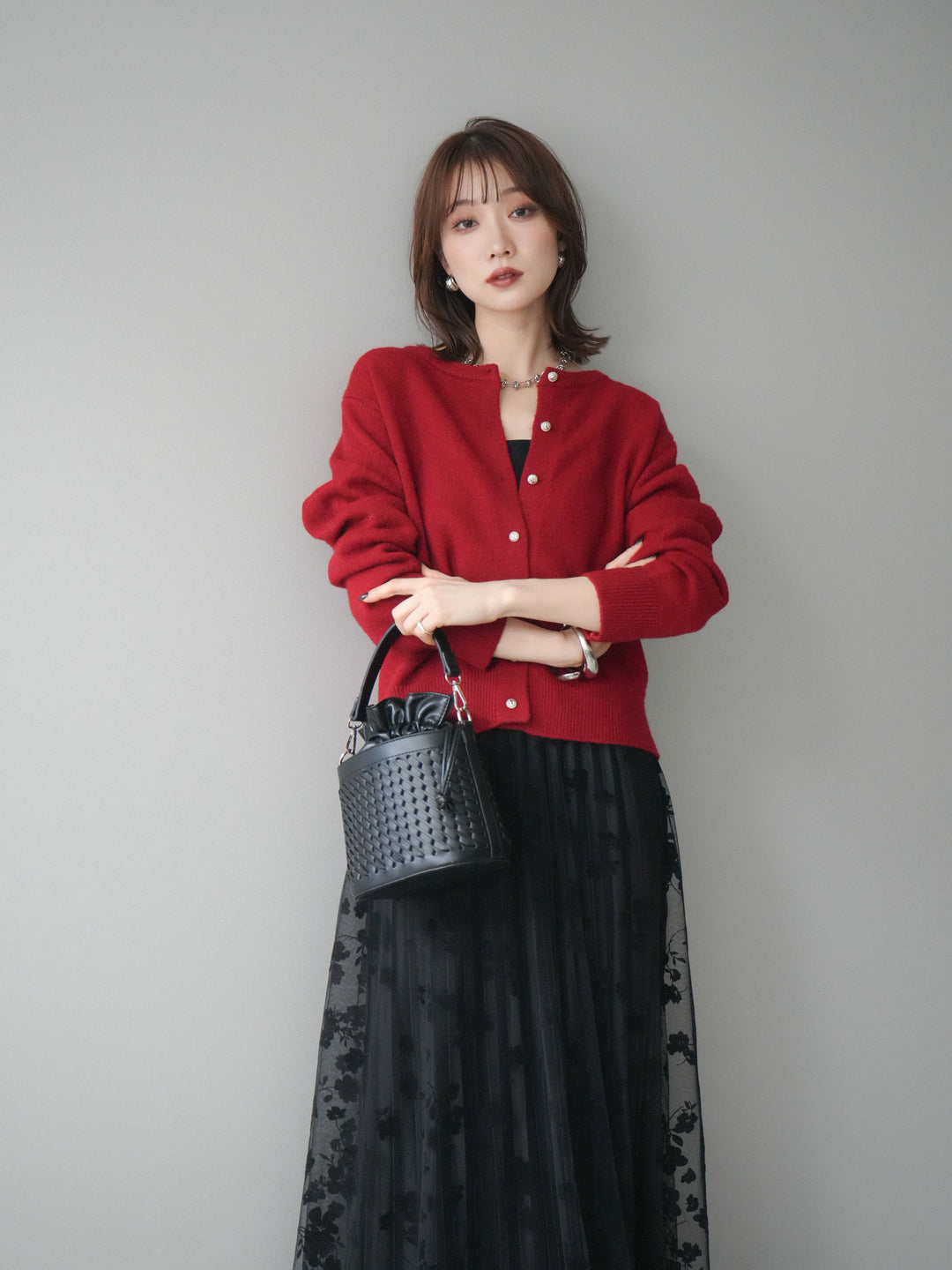 [SET]アンティークボタンニットカーディガン+選べるアクセセット(2set)