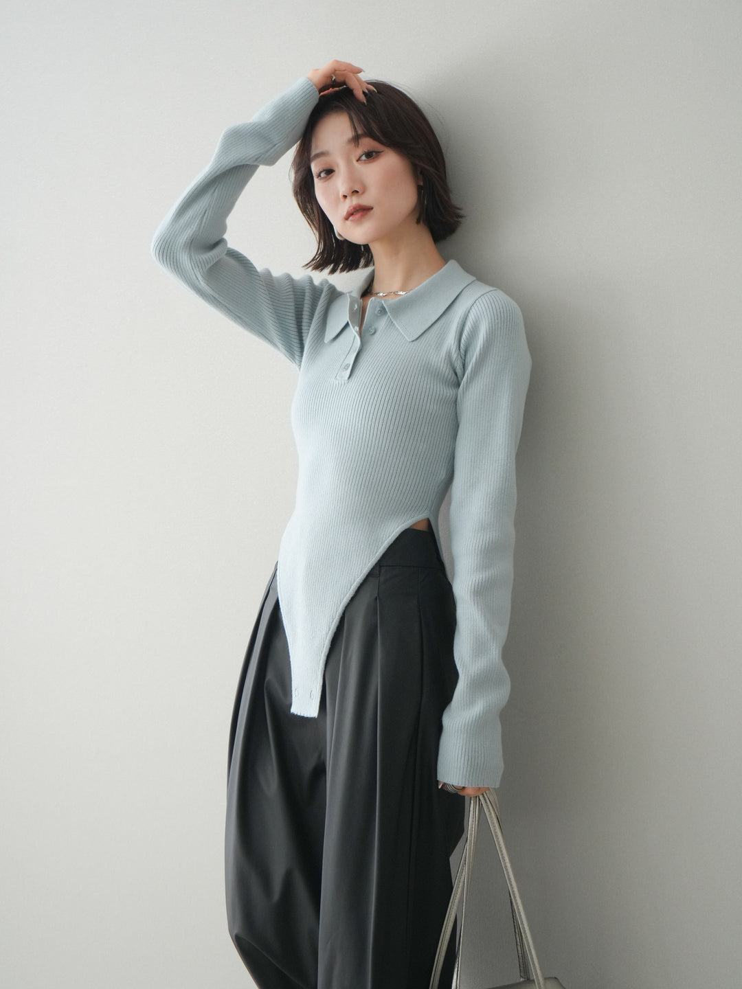 [予約]リブポロニットボディスーツ/blue