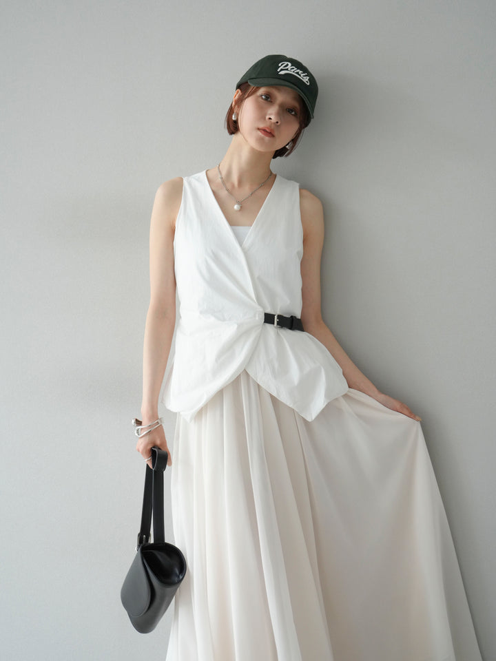 [SET]ベルトデザインバルーンブラウス+シフォンフレアスカート(2set)