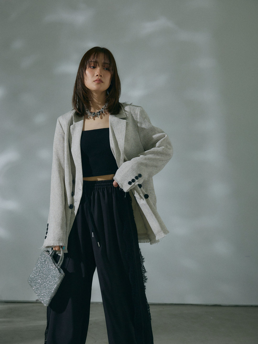 【Allure】[SET]スラブツイードフリンジテーラージャケット+サイドピンタックレースイージーワイドパンツ(2set)