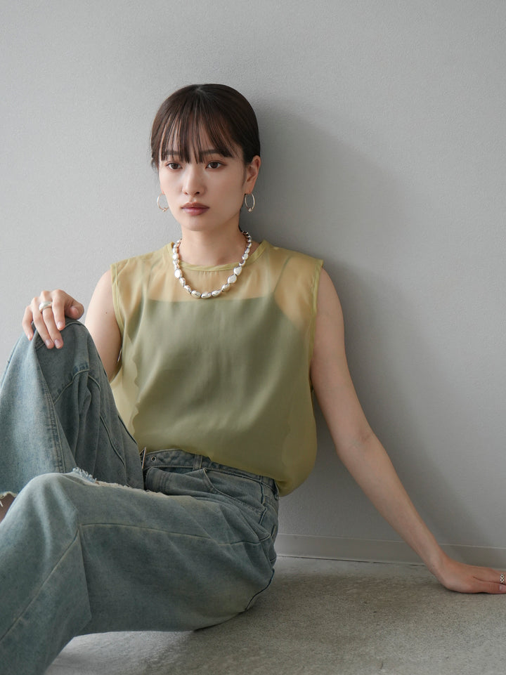 [SET] Organdy sleeveless top + belt asymmetrical damaged denim (2set)