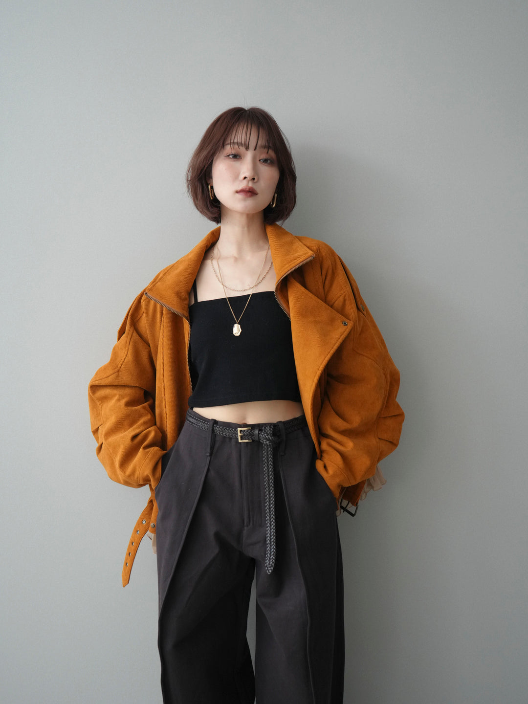 [予約]コーデュロイライダース裾レースブルゾン/orange