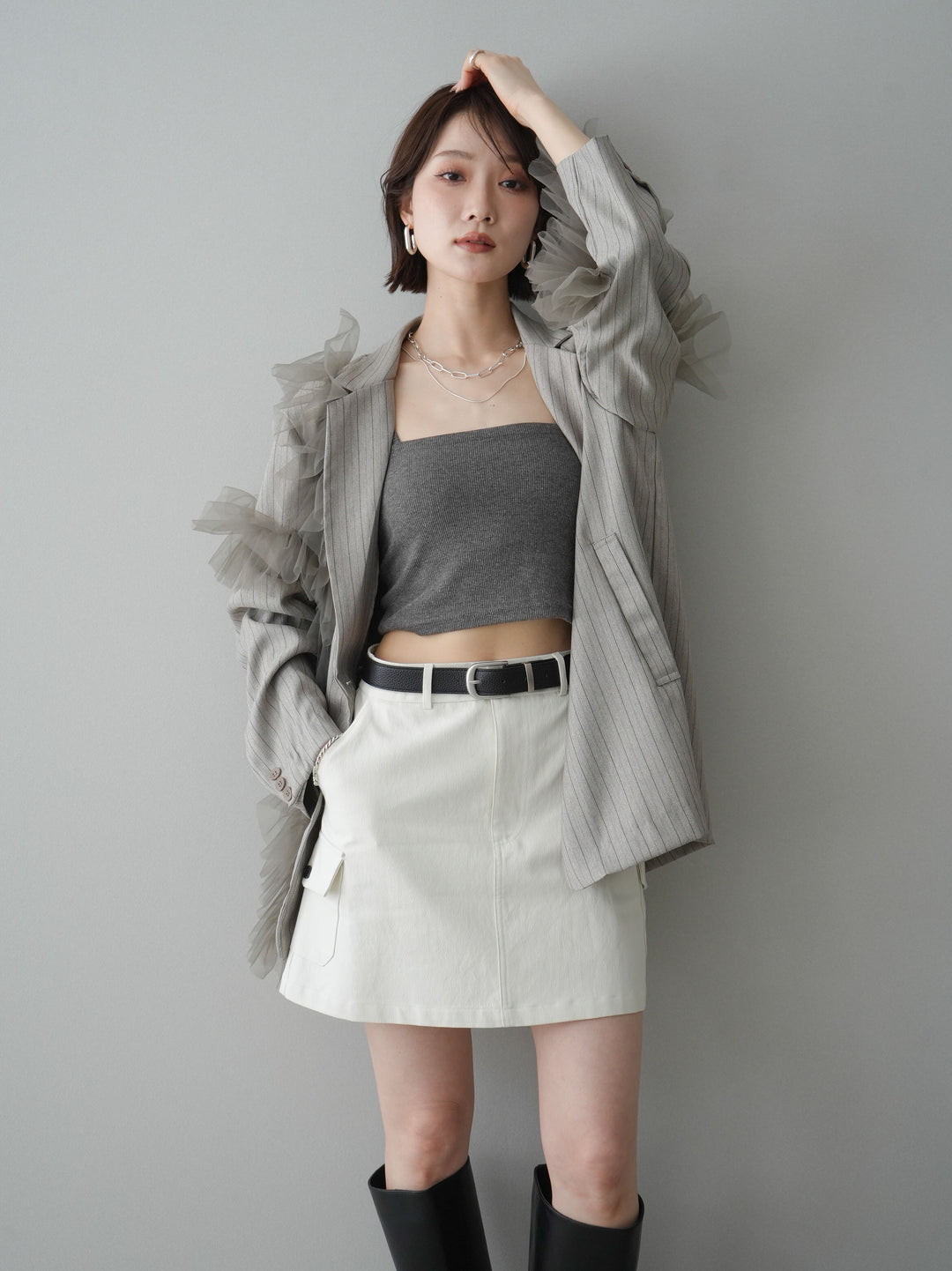 [予約]アシンメトリーチュールストライプジャケット/greige
