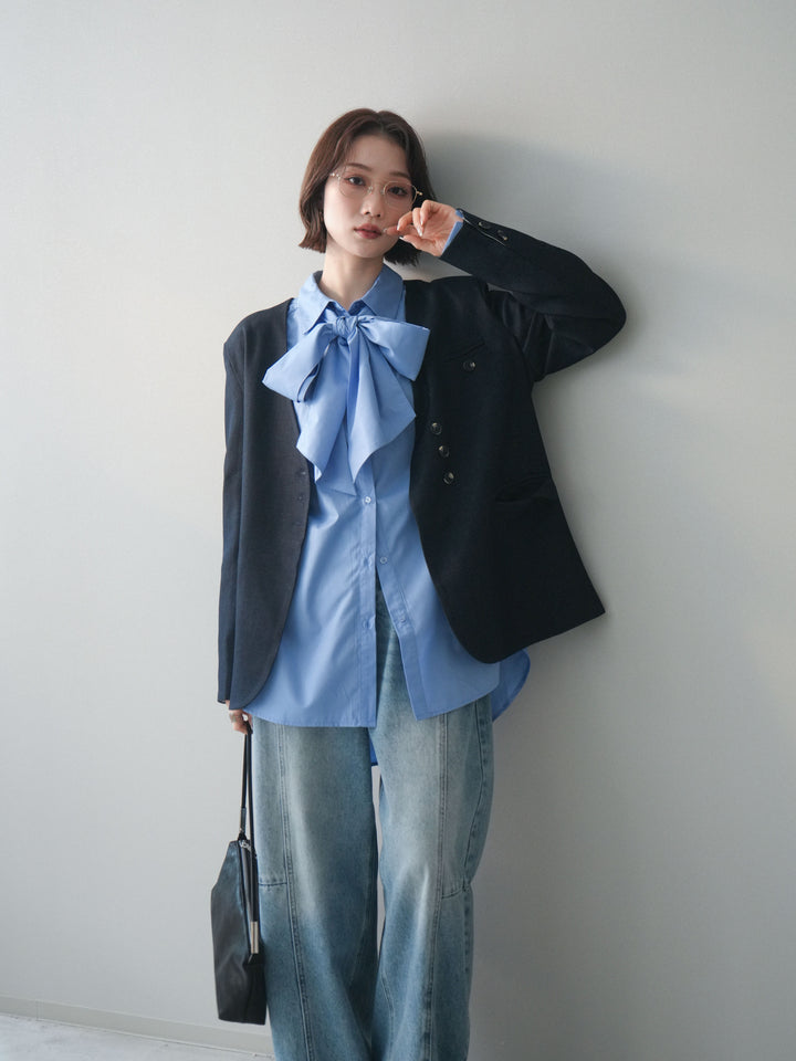 [SET]ノーカラージャケット+ボウタイ付オーバーシャツ(2set)
