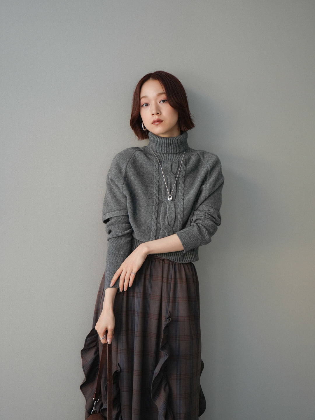 [予約]ケーブル編みタートルハーフスリーブニットアンサンブル/gray