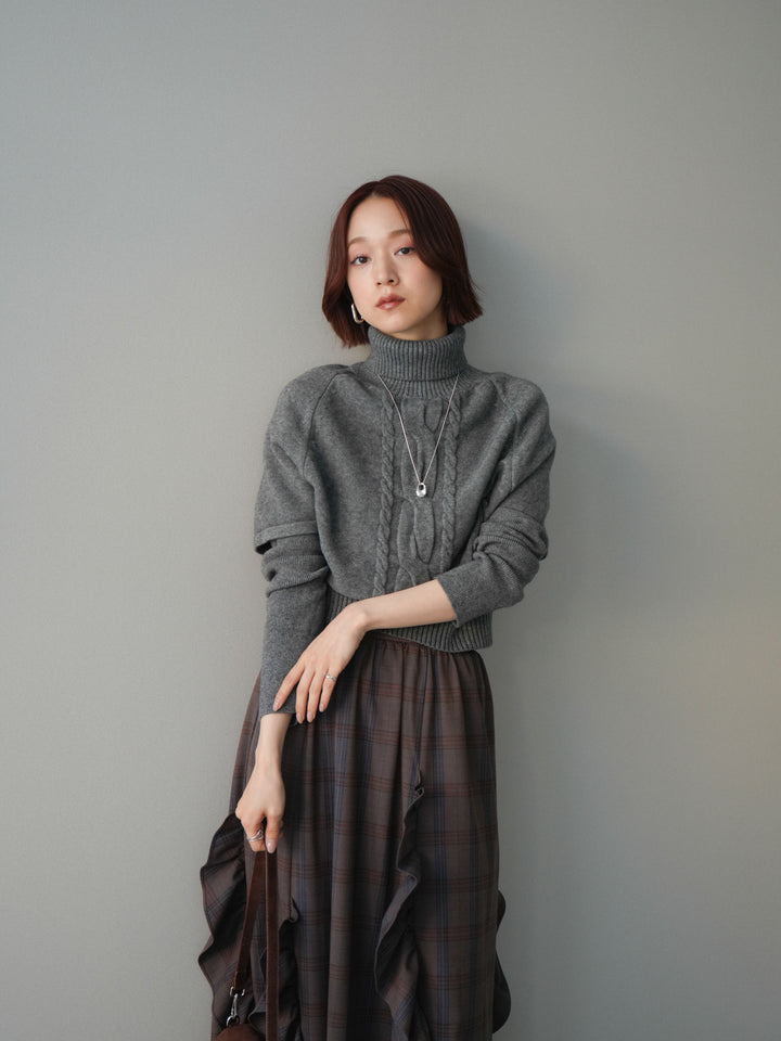 [予約]ケーブル編みタートルハーフスリーブニットアンサンブル/gray