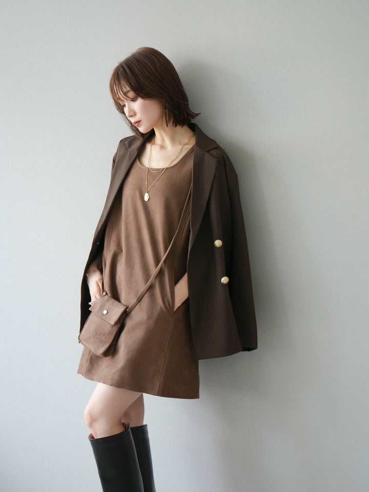 [SET]ゴールドボタンツイルダブルテーラードジャケット+ショルダーポーチ付スウェードミニワンピース(2set)