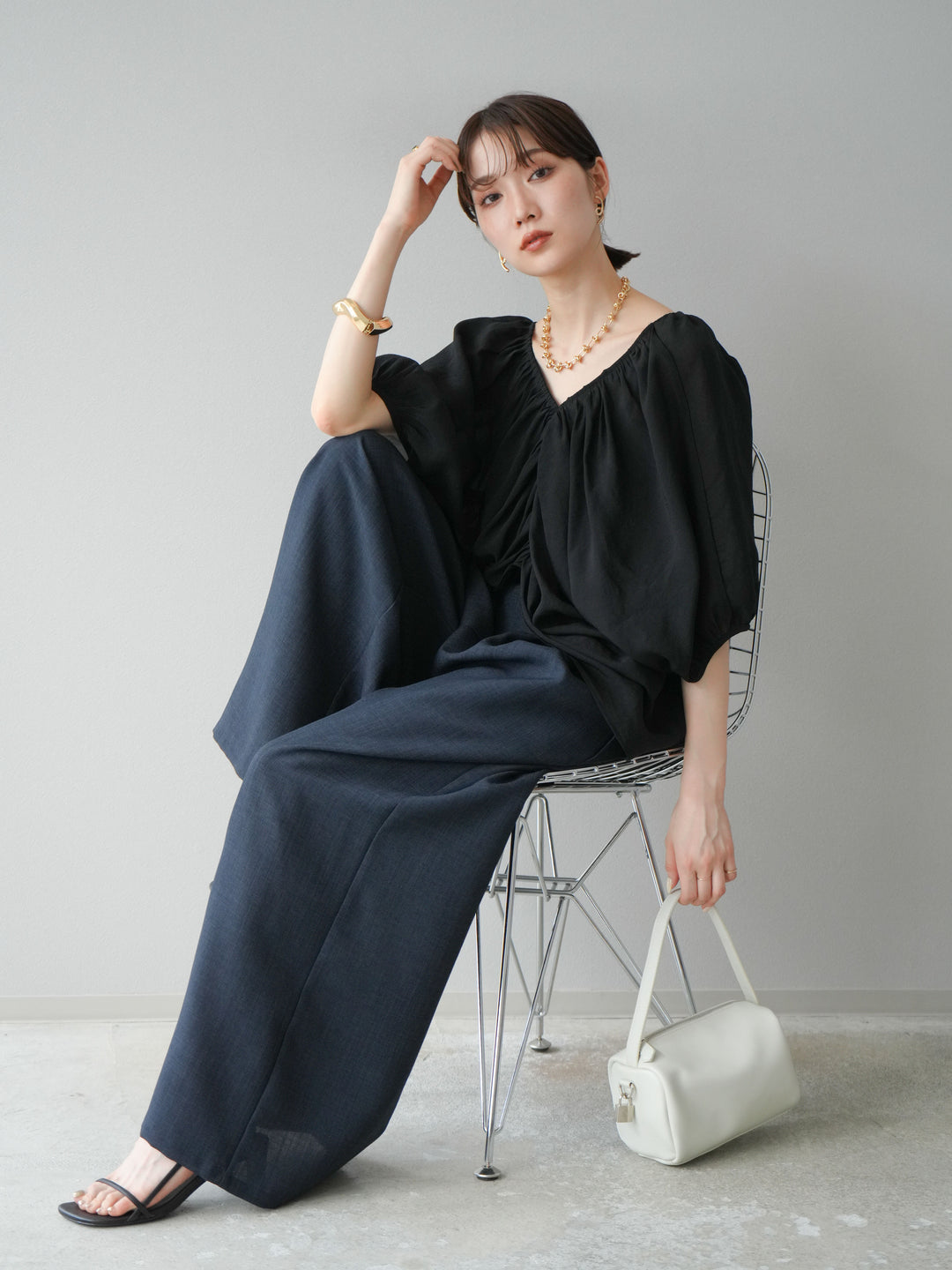 [SET]ボリュームスリーブシアータックブラウス+リネンライクイージーワイドパンツ(2set)