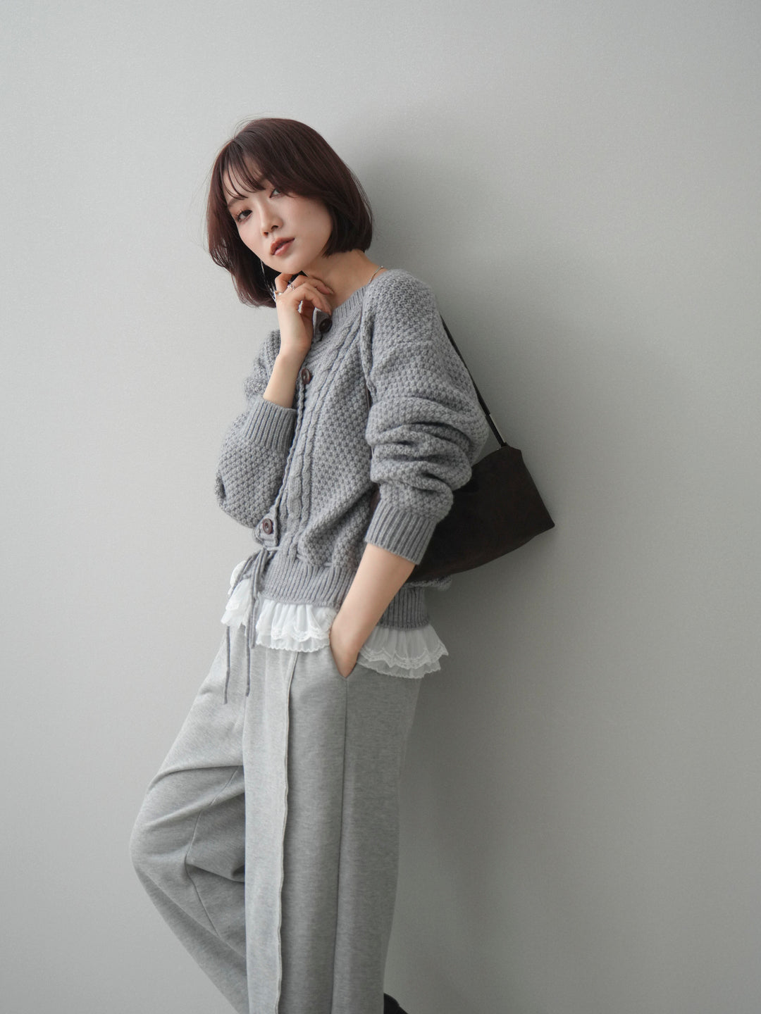 [SET]裾レースケーブルニットカーディガン+選べるアクセセット(2set)