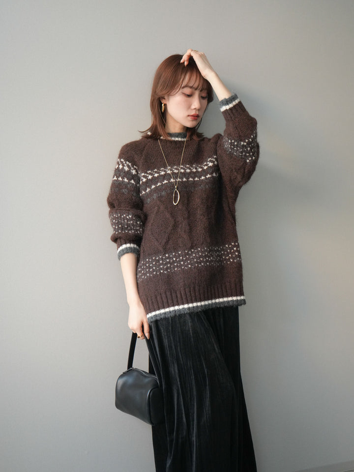[予約]裾配色ノルディック柄ニットプルオーバー/brown