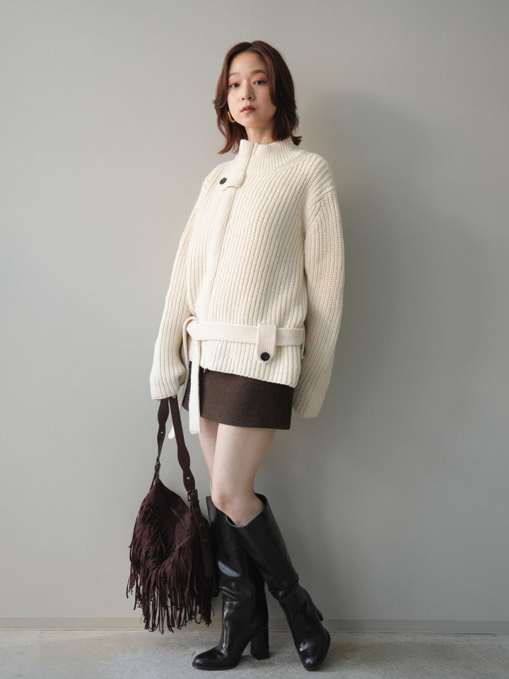 [SET]畦編みボトルネックZIPニットカーディガン+ウールタッチベルト付ミニスカート(2set)