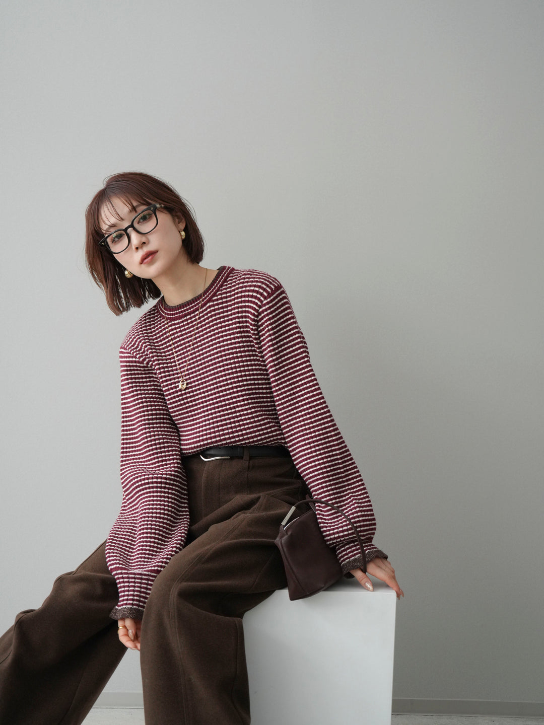 [予約]ラメ異素材ボーダーリブニットプルオーバー/bordeaux×brown